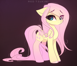 Size: 2977x2563 | Tagged: safe, artist:red_tsukini, character:fluttershy, species:pegasus, species:pony, g4, clothing, cute, eye clipping through hair, female, folded wings, gradient background, high res, long tail, looking at you, mare, shyabetes, signature, smiling, socks, solo, tail, wings
