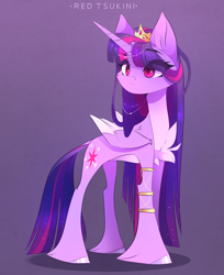 Size: 2149x2635 | Tagged: safe, artist:red_tsukini, character:twilight sparkle, character:twilight sparkle (alicorn), species:alicorn, species:pony, g4, chest fluff, colored wings, crown, female, folded wings, jewelry, leg rings, long mane, mare, multicolored wings, regalia, solo, two toned wings, wings