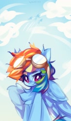 Size: 1195x2048 | Tagged: safe, artist:vanilla-chan, character:rainbow dash, species:pegasus, species:pony, g4, female, goggles, looking at you, mare, solo, wings