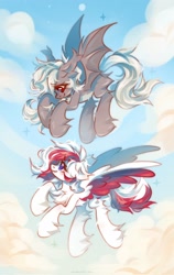 Size: 1298x2048 | Tagged: safe, artist:vanilla-chan, oc, oc only, oc:gold rain, oc:red wine, species:bat pony, species:pegasus, species:pony, chest fluff, cloud, colored wings, duo, ear fluff, female, flying, hoof fluff, hooves, leg fluff, looking at each other, mare, multicolored hair, multicolored wings, sky, spread wings, wings