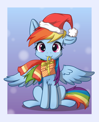 Size: 2000x2448 | Tagged: safe, artist:kafuupone, character:rainbow dash, species:pegasus, species:pony, g4, chest fluff, christmas, clothing, female, hat, high res, holding, holiday, looking at you, mare, mouth hold, one ear down, present, santa hat, scarf, sitting, solo, spread wings, wings