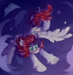 Size: 2007x2048 | Tagged: safe, artist:vanilla-chan, oc, oc only, oc:evening prose, species:pegasus, species:pony, female, flying, mare, night, solo, spread wings, wings