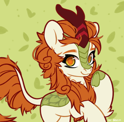 Size: 2024x2000 | Tagged: safe, artist:shelti, character:autumn blaze, species:kirin, g4, abstract background, awwtumn blaze, cloven hooves, colored eyebrows, colored hooves, colored pupils, cute, eyebrows, female, green background, high res, hooves, looking at you, pointing at self, signature, simple background, smiling, smiling at you, solo, three quarter view