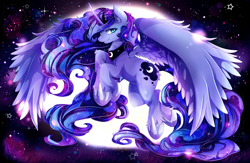 Size: 5120x3340 | Tagged: safe, artist:invidiata, character:princess luna, species:alicorn, species:pony, g4, absurd resolution, big wings, chest fluff, clothing, crown, ear fluff, female, fluffy, flying, hoof shoes, jewelry, leg fluff, looking at you, mare, moon, necklace, peytral, regalia, shoes, solo, spread wings, three quarter view, unshorn fetlocks, wing fluff, wings