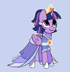 Size: 1515x1561 | Tagged: safe, artist:risswm, character:twilight sparkle, character:twilight sparkle (alicorn), species:alicorn, species:pony, ponytober, episode:the last problem, g4, my little pony: friendship is magic, blue background, clothing, coronation dress, crown, cute, dress, female, folded wings, jewelry, looking up, mare, regalia, second coronation dress, signature, simple background, smiling, solo, three quarter view, twiabetes, wings