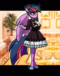 Size: 1630x2048 | Tagged: safe, artist:lrusu, character:twilight sparkle, character:twilight sparkle (alicorn), species:alicorn, species:anthro, species:unguligrade anthro, g4, clothing, colored hooves, dress, female, gloves, hooves, maid, maidlight sparkle, mare, solo, spread wings, three quarter view, wings