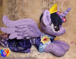 Size: 2937x2304 | Tagged: safe, artist:1stastrastudio, character:twilight sparkle, character:twilight sparkle (alicorn), species:alicorn, species:pony, episode:the last problem, g4, my little pony: friendship is magic, clothing, coronation dress, dress, female, irl, lying down, mare, photo, plushie, prone, second coronation dress, solo, spread wings, toy, wings