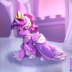 Size: 818x818 | Tagged: safe, artist:qweakster, character:twilight sparkle, character:twilight sparkle (alicorn), species:alicorn, species:pony, episode:the last problem, g4, my little pony: friendship is magic, clothing, coronation dress, crown, cute, dress, eyebrows, female, hoof shoes, jewelry, looking at you, mare, raised hoof, regalia, second coronation dress, shoes, signature, solo, three quarter view, twiabetes