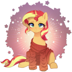 Size: 2103x2112 | Tagged: safe, artist:avrameow, part of a set, character:sunset shimmer, species:pony, species:unicorn, g4, my little pony:equestria girls, clothing, cute, eyebrows, female, front view, full face view, looking at you, mare, oversized clothes, partial background, shimmerbetes, signature, sitting, solo, sweater, transparent background