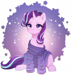 Size: 2002x2112 | Tagged: safe, artist:avrameow, part of a set, character:starlight glimmer, species:pony, species:unicorn, g4, clothing, cute, ear fluff, eyebrows, female, front view, full face view, glimmerbetes, looking at you, mare, oversized clothes, signature, simple background, sitting, solo, sweater, white background