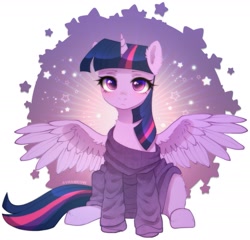 Size: 2201x2112 | Tagged: safe, artist:avrameow, part of a set, character:twilight sparkle, character:twilight sparkle (alicorn), species:alicorn, species:pony, g4, clothing, cute, ear fluff, eyebrows, female, front view, full face view, looking at you, mare, oversized clothes, signature, simple background, sitting, solo, spread wings, sweater, twiabetes, white background, wings