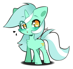 Size: 1443x1377 | Tagged: safe, artist:pledus, character:lyra heartstrings, species:pony, species:unicorn, g4, black outlines, chest fluff, chibi, colored outlines, eye clipping through hair, eyebrows, eyebrows visible through hair, looking at you, no pupils, open mouth, signature, simple background, solo, three quarter view, white background