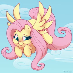 Size: 1300x1300 | Tagged: safe, artist:kamirah, character:fluttershy, species:pegasus, species:pony, g4, cloud, cute, female, flying, mare, shyabetes, signature, sky, smiling, solo, spread wings, wings