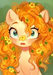 Size: 904x1280 | Tagged: safe, artist:sofiko-ko, character:pear butter, species:earth pony, species:pony, g4, apple family member, bust, colored eyebrows, cute, eyebrows, female, flower, flower in hair, looking at you, mare, open mouth, pearabetes, portrait, signature, solo