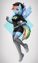 Size: 784x1280 | Tagged: safe, artist:belkyr, character:rainbow dash, species:anthro, species:pegasus, species:plantigrade anthro, g4, abstract background, blushing, boots, cap, clothing, crossover, cute, dashabetes, female, gloves, hat, looking at you, mare, nintendo, pokémon, shoes, signature, smiling, smiling at you, solo, spread wings, team rainbow rocket, team rocket, thigh boots, video game, wings