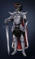 Size: 1860x3119 | Tagged: safe, artist:belkyr, character:king sombra, species:anthro, species:plantigrade anthro, species:umbrum, species:unicorn, g4, armor, blue background, cape, clothing, commission, eyebrows, gradient background, looking at you, male, signature, simple background, solo, stallion, sword, weapon