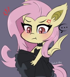 Size: 1994x2182 | Tagged: safe, artist:sakukitty, character:flutterbat, character:fluttershy, species:anthro, species:bat pony, g4, annoyed, bat ponified, bat wings, blushing, choker, chokershy, clothing, crying, dress, female, grumpy, jewelry, mare, necklace, pouting, race swap, solo, teary eyes, wings