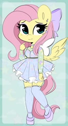 Size: 1014x1882 | Tagged: safe, artist:sakukitty, character:fluttershy, species:anthro, species:pegasus, species:plantigrade anthro, g4, bow, choker, clothing, cute, dress, ear piercing, earring, eyeshadow, female, hair bow, high heels, jewelry, lolita fashion, makeup, mare, necklace, piercing, platform heels, shoes, shyabetes, socks, solo, spread wings, stockings, thigh highs, wings