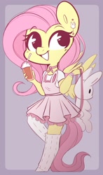 Size: 961x1631 | Tagged: safe, artist:sakukitty, character:fluttershy, species:anthro, species:pegasus, species:rabbit, species:unguligrade anthro, g4, animal, bag, choker, clothing, coffee cup, cup, cute, dress, drink, ear piercing, female, food, frappuccino, jewelry, mare, necklace, piercing, shyabetes, smiling, socks, solo, straw, whipped cream