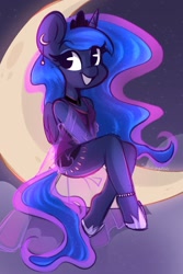 Size: 1200x1800 | Tagged: safe, artist:sakukitty, character:princess luna, species:alicorn, species:anthro, species:unguligrade anthro, g4, clothing, crescent moon, crown, cute, dress, ear piercing, earring, ethereal mane, female, happy, jewelry, lunabetes, mare, moon, open mouth, piercing, regalia, see-through, smiling, solo, tangible heavenly object, three quarter view