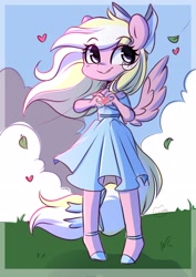 Size: 2480x3508 | Tagged: safe, artist:sakukitty, oc, oc only, oc:bay breeze, species:anthro, species:pegasus, species:unguligrade anthro, g4, anthro oc, bow, clothing, dress, female, hair bow, heart hands, mare, pegasus oc, sketch, solo, spread wings, tail, tail bow, wings