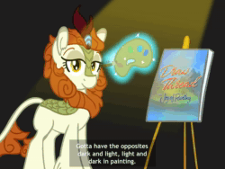 Size: 1440x1080 | Tagged: safe, artist:anonymous, character:autumn blaze, species:kirin, g4, animated, awwtumn blaze, bob ross, canvas, cloven hooves, color palette, colored hooves, cute, drawthread, easel, female, glowing horn, hooves, horn, kirin-ified, magic, magic aura, mountain, paint, paintbrush, request, requested art, river, solo, sound, species swap, spotlight, sun, telekinesis, text, tree, water, webm