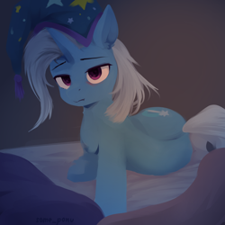 Size: 3000x3000 | Tagged: safe, artist:some_ponu, character:trixie, species:pony, species:unicorn, g4, bed, blanket, clothing, cutie mark, eyebrows, female, hat, lying down, mare, morning ponies, nightcap, pillow, simple background, solo, tired