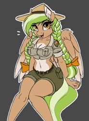 Size: 2000x2702 | Tagged: safe, artist:lightly-san, oc, oc only, oc:sylvia evergreen, species:anthro, species:pegasus, species:pony, belly button, belt, belt buckle, braid, braided pigtails, breasts, cleavage, clothing, ear fluff, eye clipping through hair, female, freckles, hair tie, hat, looking at you, midriff, pegasus oc, pigtails, ranger, shirt, short shirt, shorts, sitting, smiling, solo, wings