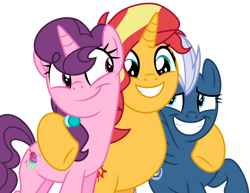Size: 1024x791 | Tagged: safe, artist:emeraldblast63, character:night glider, character:sugar belle, character:sunset shimmer, species:earth pony, species:pegasus, species:pony, species:unicorn, episode:growing up is hard to do, g4, my little pony: friendship is magic, my little pony:equestria girls, backwards cutie mark, bipedal, cute, cutie mark, digital art, female, glideabetes, hug, mare, rebecca shoichet, shimmerbetes, show accurate, simple background, sugarbetes, teeth, transparent background, trio, trio female, vector, voice actor joke