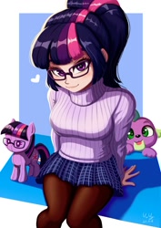 Size: 706x1000 | Tagged: safe, artist:the-park, character:spike, character:spike (dog), character:twilight sparkle, character:twilight sparkle (scitwi), species:dog, species:eqg human, species:human, g4, abstract background, breasts, busty sci-twi, clothing, cute, cutie mark, eyelashes, female, floating heart, glasses, heart, light skin, looking at you, pantyhose, plushie, ponytail, self plushidox, simple background, sitting, skirt, smiling, solo, sweater, toy, twiabetes