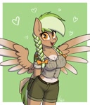 Size: 1866x2191 | Tagged: safe, artist:themixtapehorse, oc, oc only, oc:sylvia evergreen, species:anthro, species:pegasus, belt, blushing, braid, braided pigtails, breasts, chest fluff, cleavage, clothing, coat markings, colored wings, cute, explicit source, eyelashes, female, floating heart, freckles, gradient wings, green background, heart, looking at you, mare, multicolored wings, ocbetes, open mouth, shirt, shorts, simple background, solo, spread wings, tail, wings