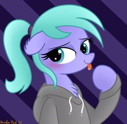 Size: 3016x2942 | Tagged: safe, artist:rainbowšpekgs, oc, oc only, species:pony, blep, blushing, chest fluff, clothing, cute, explicit source, eyebrows, eyelashes, female, floppy ears, hoodie, looking sideways, mare, ocbetes, ponytail, scrunchie, simple background, smiling, solo, tongue out