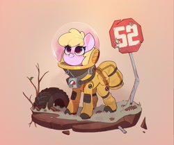 Size: 2524x2108 | Tagged: safe, artist:rexyseven, oc, oc:puppysmiles, species:earth pony, species:pony, fallout equestria, canterlot ghoul, crossover, cute, eyelashes, fallout, fallout equestria: pink eyes, filly, hazmat suit, ocbetes, simple background, smiling, solo, stop sign, tire, undead, young