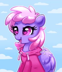 Size: 1677x1950 | Tagged: safe, artist:confetticakez, character:rainbowshine, species:pegasus, species:pony, g4, clothing, cloud, cute, eyebrows, eyelashes, female, hoodie, mare, open mouth, sky, solo, wings