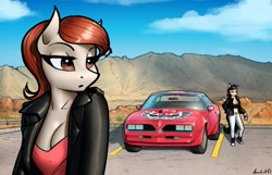Size: 1200x773 | Tagged: safe, artist:apocheck13, oc, oc only, oc:alice, oc:elya, species:anthro, species:earth pony, species:pony, breasts, car, cleavage, clothing, cloud, day, duo, duo female, eyebrows, eyelashes, female, females only, jacket, leather jacket, mare, mountain, outdoors, pants, parking lot, shoes, sky