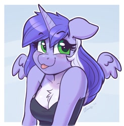 Size: 922x938 | Tagged: safe, artist:dandy, oc, oc only, oc:mariah wolves, species:alicorn, species:anthro, species:pony, blep, camisole, chest fluff, cute, eyebrows, eyebrows visible through hair, eyelashes, female, floppy ears, horn, looking sideways, mare, mlem, ocbetes, simple background, solo, spread wings, tongue out, wings