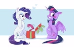 Size: 3000x2000 | Tagged: safe, artist:anotherdeadrat, character:rarity, character:twilight sparkle, character:twilight sparkle (alicorn), species:alicorn, species:pony, species:unicorn, ship:rarilight, g4, blushing, clothing, commission, duo, female, grin, heart, lesbian, lidded eyes, mare, nervous, nervous grin, partially open wings, physique difference, present, scarf, shipping, sitting, slim, smiling, spread wings, thin, wings