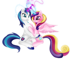 Size: 3337x2737 | Tagged: safe, artist:lunaltaria, character:princess cadance, character:shining armor, species:alicorn, species:pony, species:unicorn, g4, colored hooves, female, glowing horn, heart, hooves, horn, horns are touching, hug, magic, magic aura, male, mare, profile, simple background, sitting, smiling, spread wings, stallion, three quarter view, unshorn fetlocks, white background, wings
