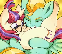 Size: 1447x1269 | Tagged: safe, artist:sugarelement, character:lightning dust, character:moondancer, species:pegasus, species:pony, species:unicorn, g4, blushing, crack shipping, duo, dustdancer, female, glasses, hair bun, holding, holding a pony, lesbian, mare, shipping