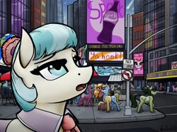 Size: 4001x3000 | Tagged: safe, artist:apocheck13, character:coco pommel, character:pinkie pie, species:earth pony, species:pegasus, species:pony, fallout equestria, g4, city, cityscape, crossover, explicit source, eyebrows, eyelashes, fallout, female, flower, flower in hair, imminent death, male, manehattan, mare, megaspell, ministry of morale, open mouth, reentry vehicle, skyscraper, solo focus, stallion, the last day, this will end in death