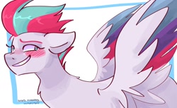 Size: 1280x782 | Tagged: safe, artist:dmitrymemovznok, character:zipp storm, species:pegasus, species:pony, g5, abstract background, blushing, colored eyebrows, colored wings, eyebrows, female, grin, looking at you, mare, multicolored wings, raised eyebrow, signature, simple background, smiling, smiling at you, solo, spread wings, three quarter view, wings