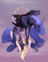 Size: 1462x1900 | Tagged: safe, artist:dementra369, character:princess luna, species:alicorn, species:classical unicorn, species:pony, g4, angry, annoyed, cloven hooves, colored, colored hooves, curved horn, cute, dreamcatcher, dreamcatcher luna, feather, female, flowing mane, folded wings, funny, furrowed brow, hooves, horn, hybrid wings, jewelry, leonine tail, looking at you, lunabetes, mare, missing accessory, necklace, peytral, solo, unshorn fetlocks, wings