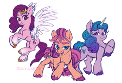 Size: 3464x2358 | Tagged: safe, artist:equinoxette, character:izzy moonbow, character:pipp petals, character:sunny starscout, species:earth pony, species:pegasus, species:pony, species:unicorn, g5, adorapipp, backwards cutie mark, bracelet, circlet, coat markings, colored eyebrows, colored hooves, cute, cutie mark, eyebrows, eyelashes, female, flying, gradient hair, high res, hooves, horn pattern, izzybetes, jewelry, looking at you, mare, multicolored hair, open mouth, pipp wings, raised hoof, red eyes, red-eyed pipp, signature, simple background, smiling, socks (coat marking), spread wings, sunnybetes, three quarter view, unshorn fetlocks, white background, wings