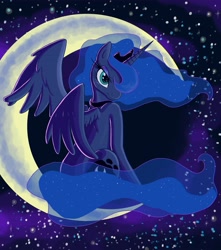 Size: 4500x5100 | Tagged: safe, artist:kcday, character:princess luna, species:alicorn, species:pony, g4, absurd resolution, crescent moon, crown, cute, female, high res, jewelry, looking at you, lunabetes, moon, necklace, night, night sky, peytral, regalia, sky, solo, starry night, stars, tangible heavenly object, wings