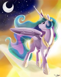Size: 6000x7500 | Tagged: safe, artist:kcday, character:princess celestia, species:alicorn, species:pony, g4, absurd resolution, clothing, crescent moon, crown, female, hoof shoes, jewelry, looking back, looking up, mare, moon, necklace, peytral, profile, regalia, shoes, signature, sky, smiling, solo, stars, walking, walking on sunshine