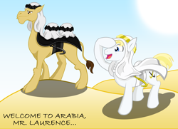 Size: 2000x1450 | Tagged: safe, artist:adminindisguise, species:earth pony, species:pony, g4, camel, desert, dialogue, duo, lawrence of arabia, male, open mouth, ponified, profile, raised hoof, species swap, stallion, sun, text