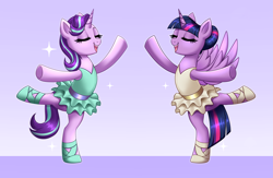 Size: 7665x5000 | Tagged: safe, artist:confetticakez, patreon reward, character:starlight glimmer, character:twilight sparkle, character:twilight sparkle (alicorn), species:alicorn, species:pony, species:unicorn, g4, ballerina, ballet, ballet slippers, clothing, commission, cute, duo, duo female, eyes closed, female, glimmerbetes, glimmerina, gradient background, mare, open mouth, open smile, patreon, purple background, simple background, skirt, smiling, standing, standing on one leg, tutu, twiabetes, twilarina, your character here