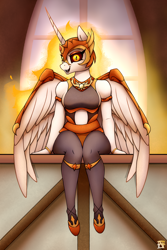 Size: 2000x3000 | Tagged: safe, artist:naen, character:daybreaker, character:princess celestia, species:alicorn, species:anthro, species:plantigrade anthro, g4, armor, bare shoulders, bracelet, breasts, clothing, fangs, female, fire, helmet, jewelry, leggings, looking at you, mare, necklace, open mouth, peytral, ponyville town hall, sharp teeth, shoes, signature, sitting, solo, three quarter view, wings