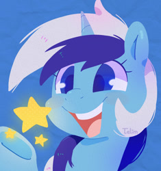 Size: 1200x1278 | Tagged: safe, artist:talimingi, character:minuette, species:pony, species:unicorn, g4, blue background, bust, colored pupils, cute, female, hooves, lineless, mare, open mouth, open smile, signature, simple background, smiling, solo, stars, underhoof