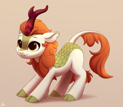 Size: 2300x2000 | Tagged: safe, artist:luminousdazzle, character:autumn blaze, species:kirin, g4, awwtumn blaze, cloven hooves, colored background, colored eyebrows, cute, eyebrows, female, grin, high res, hooves, looking up, scales, shadow, signature, simple background, smiling, solo, stretching, tan background, three quarter view